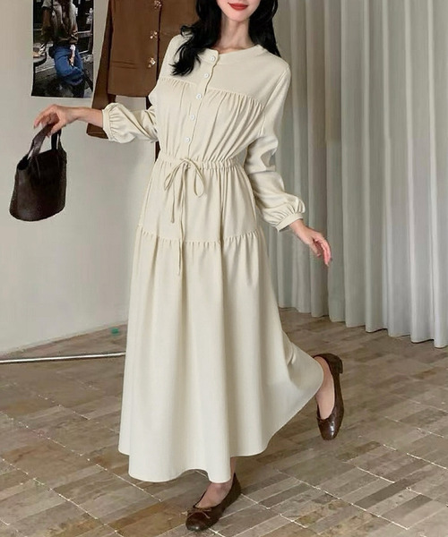 DAY CLOSET(デイ クローゼット)の「クラシカルな雰囲気漂う。長袖 パフスリ コーデュロイ 華奢魅せリボン ウエストマーク ギャザー ワンピース レディース(ワンピース・レディース・ネイビー/モスグリーン/アイボリー・FREE)」の1枚目の写真