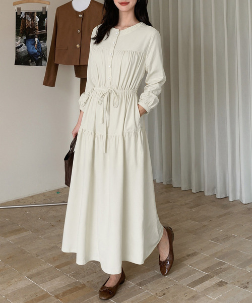 DAY CLOSET(デイ クローゼット)の「クラシカルな雰囲気漂う。長袖 パフスリ コーデュロイ 華奢魅せリボン ウエストマーク ギャザー ワンピース レディース(ワンピース・レディース・ネイビー/モスグリーン/アイボリー・FREE)」の5枚目の写真