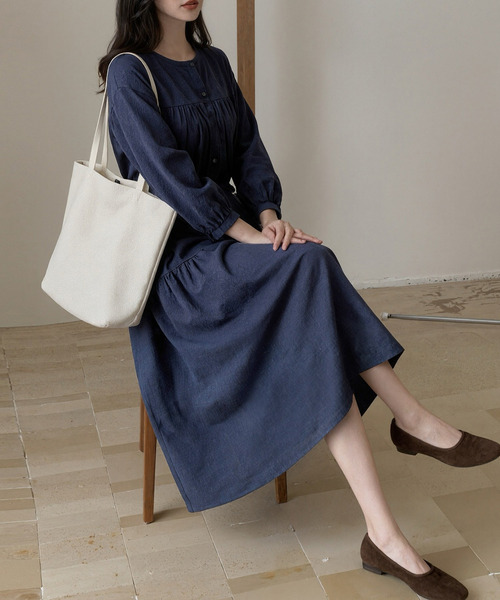 DAY CLOSET(デイ クローゼット)の「クラシカルな雰囲気漂う。長袖 パフスリ コーデュロイ 華奢魅せリボン ウエストマーク ギャザー ワンピース レディース(ワンピース・レディース・ネイビー/モスグリーン/アイボリー・FREE)」の14枚目の写真