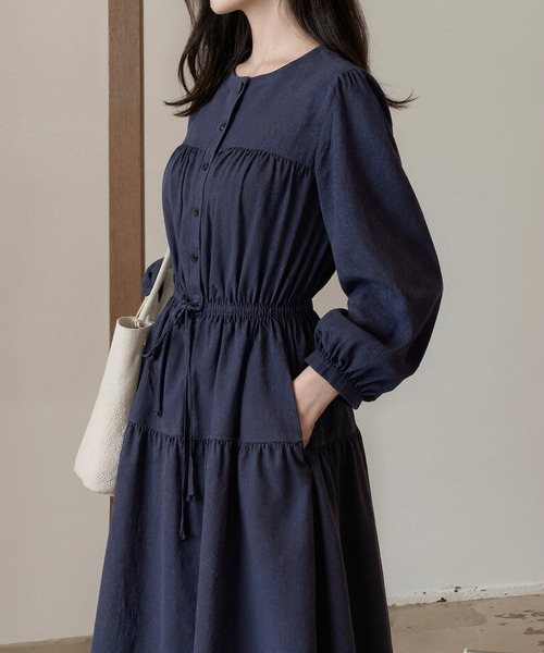 DAY CLOSET(デイ クローゼット)の「クラシカルな雰囲気漂う。長袖 パフスリ コーデュロイ 華奢魅せリボン ウエストマーク ギャザー ワンピース レディース(ワンピース・レディース・ネイビー/モスグリーン/アイボリー・FREE)」の15枚目の写真