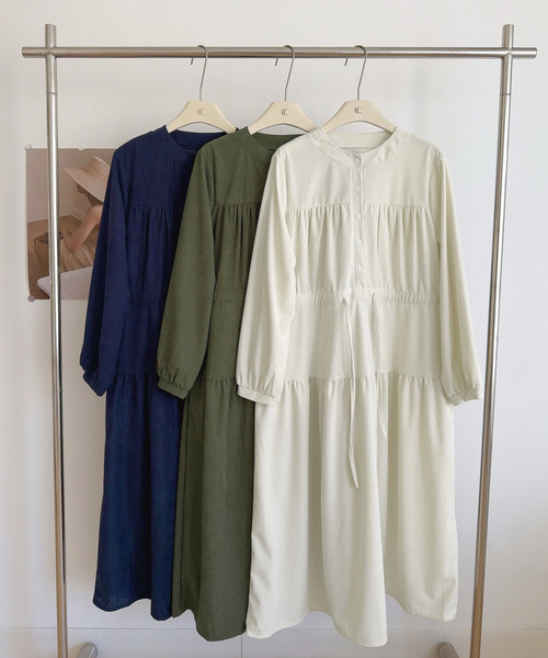 DAY CLOSET(デイ クローゼット)の「クラシカルな雰囲気漂う。長袖 パフスリ コーデュロイ 華奢魅せリボン ウエストマーク ギャザー ワンピース レディース(ワンピース・レディース・ネイビー/モスグリーン/アイボリー・FREE)」の17枚目の写真