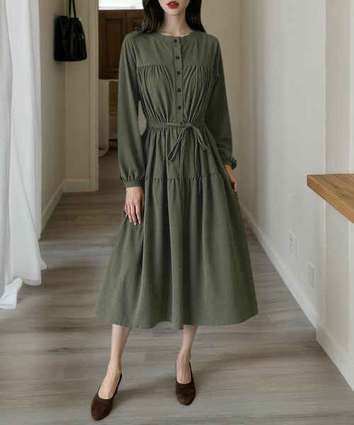DAY CLOSET(デイ クローゼット)の「クラシカルな雰囲気漂う。長袖 パフスリ コーデュロイ 華奢魅せリボン ウエストマーク ギャザー ワンピース レディース(ワンピース・レディース・ネイビー/モスグリーン/アイボリー・FREE)」の9枚目の写真