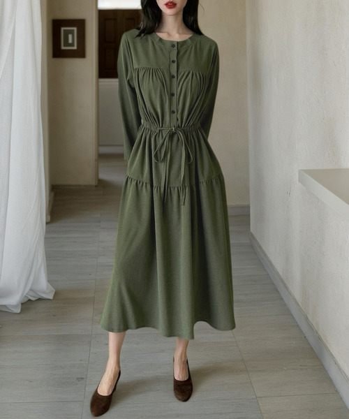 DAY CLOSET(デイ クローゼット)の「クラシカルな雰囲気漂う。長袖 パフスリ コーデュロイ 華奢魅せリボン ウエストマーク ギャザー ワンピース レディース(ワンピース・レディース・ネイビー/モスグリーン/アイボリー・FREE)」の11枚目の写真
