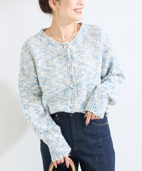 B.C STOCK（ベーセーストック）の「手洗い可 / MIXヤーンクルーネックカーディガン（カーディガン/ボレロ・レディース・イエロー/ブルー/ホワイト・FREE）」の2枚目の写真