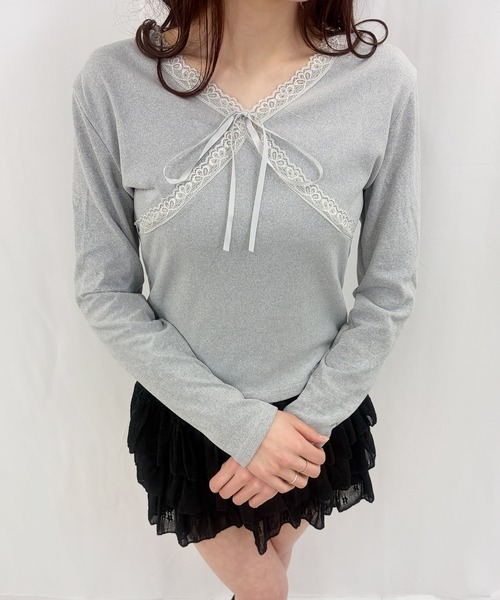frunco(フランコ)の「【ZOZOTOWN限定】フリースリボンレースカットソー(Tシャツ/カットソー・レディース・グレー/ブラック・FREE)」の2枚目の写真
