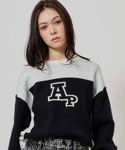 atmos pink(アトモスピンク)の「atmos pink Rugger Knit Top / アトモス ピンク ラガー ニット トップ(ニット/セーター・レディース・グレー/ブラック・FREE)」の1枚目の写真