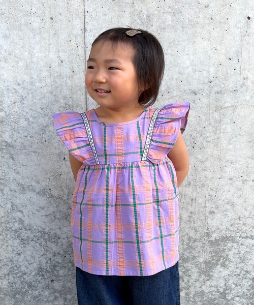 BEAMS mini(ビームスミニ)の「チェック フレア ブラウス 2026SS(90~140cm)(シャツ/ブラウス・キッズ・パープル系その他4/ケリーグリーン・100/90/130/110/120/140)」の1枚目の写真