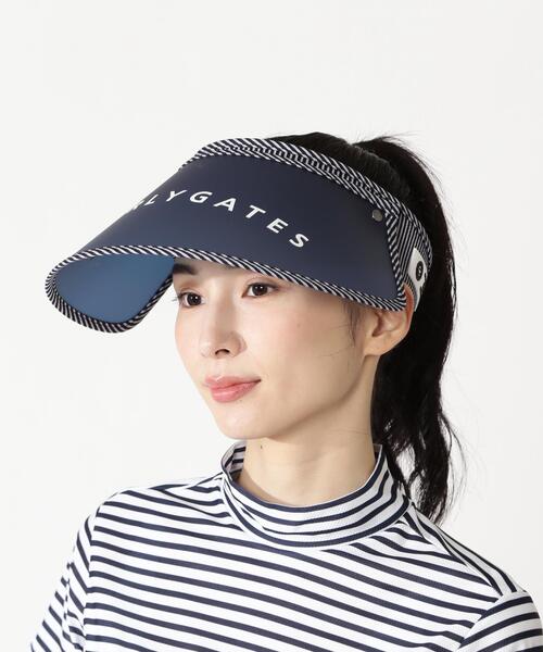 PEARLY GATES(パーリーゲイツ)の「【PEARLY GATES】サッカーストライプ柄BIGブリムVISOR(サンバイザー・レディース・ホワイト系その他/ダークインディゴブルー・FREE)」の2枚目の写真