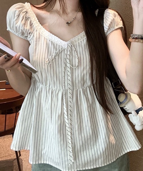 Teem Store(チームストア)の「ウエスト切り替えレースストライプリボン半袖ブラウス(シャツ/ブラウス・レディース・ホワイト・M/S)」の5枚目の写真