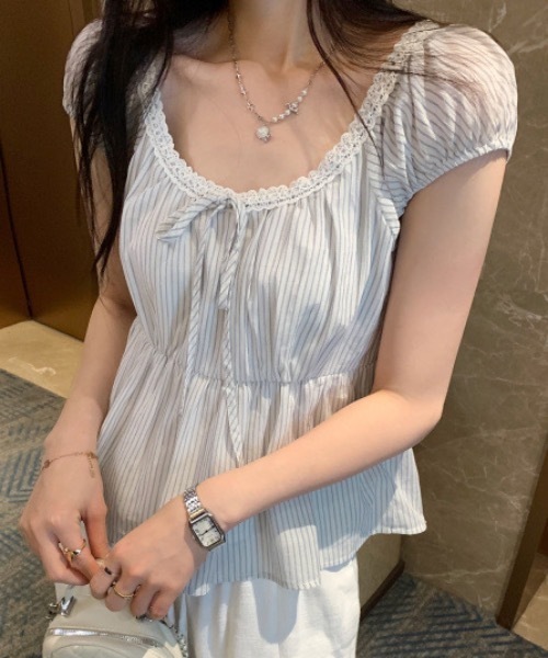 Teem Store(チームストア)の「ウエスト切り替えレースストライプリボン半袖ブラウス(シャツ/ブラウス・レディース・ホワイト・M/S)」の17枚目の写真