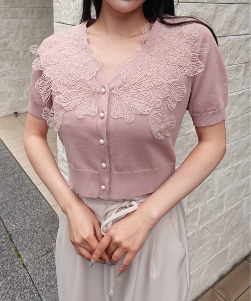 SOELA(ソエラ)の「レースカラー半袖ニットカーディガン(カーディガン/ボレロ・レディース・ピンク/ブラック/アイボリー/ネイビー系・FREE)」の15枚目の写真