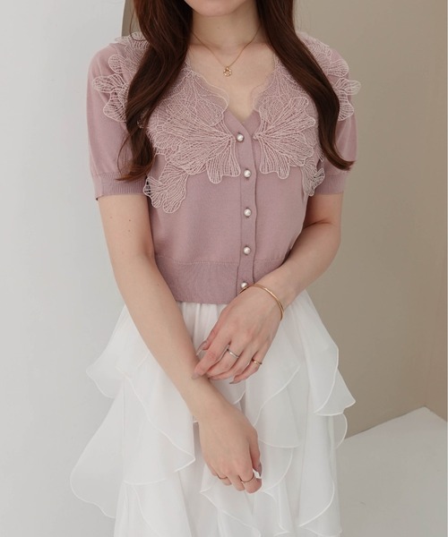 SOELA(ソエラ)の「レースカラー半袖ニットカーディガン(カーディガン/ボレロ・レディース・ピンク/ブラック/アイボリー/ネイビー系・FREE)」の19枚目の写真