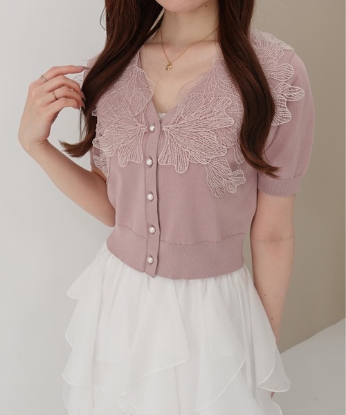 SOELA(ソエラ)の「レースカラー半袖ニットカーディガン(カーディガン/ボレロ・レディース・ピンク/ブラック/アイボリー/ネイビー系・FREE)」の18枚目の写真
