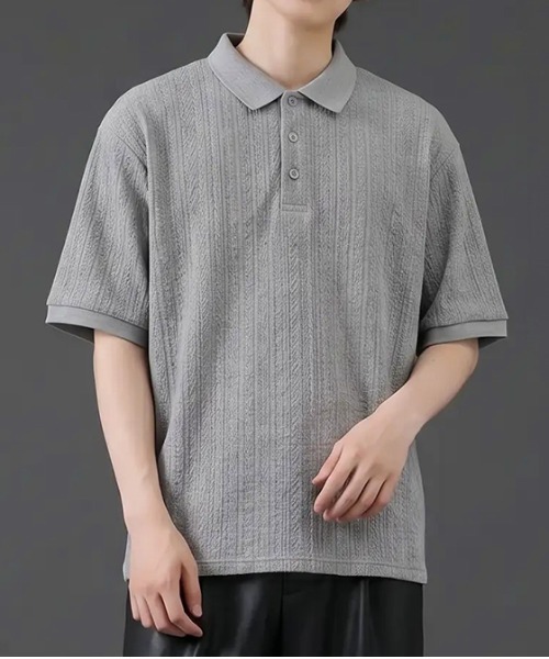 revertical(リバーティカル)の「リブジャガード 半袖ポロシャツ/ストライプ編み テクスチャーポロトップス(Tシャツ/カットソー・メンズ・グレー/ブラック・MEDIUM/LARGE)」の1枚目の写真