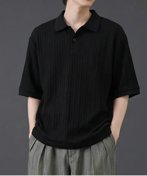 revertical(リバーティカル)の「リブジャガード 半袖ポロシャツ/ストライプ編み テクスチャーポロトップス(Tシャツ/カットソー・メンズ・グレー/ブラック・MEDIUM/LARGE)」の2枚目の写真
