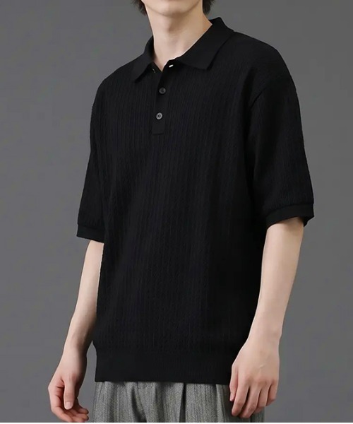 revertical(リバーティカル)の「リブジャガード 半袖ポロシャツ/ストライプ編み テクスチャーポロトップス(Tシャツ/カットソー・メンズ・グレー/ブラック・MEDIUM/LARGE)」の3枚目の写真