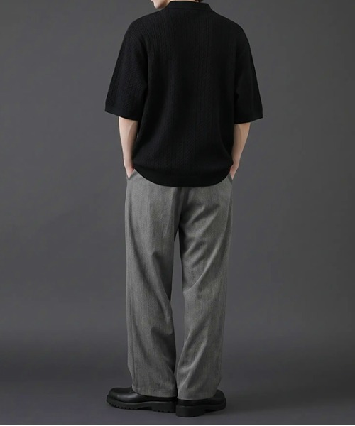 revertical(リバーティカル)の「リブジャガード 半袖ポロシャツ/ストライプ編み テクスチャーポロトップス(Tシャツ/カットソー・メンズ・グレー/ブラック・MEDIUM/LARGE)」の6枚目の写真