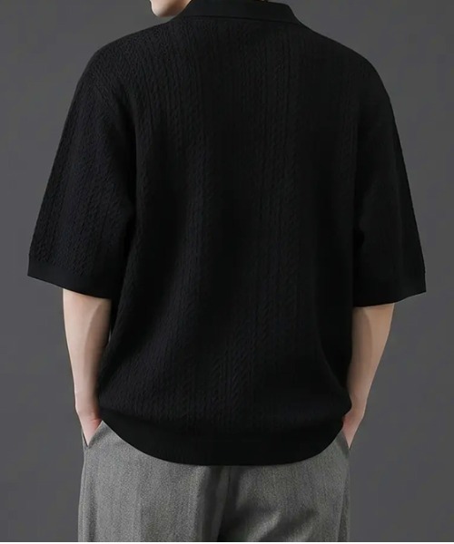 revertical(リバーティカル)の「リブジャガード 半袖ポロシャツ/ストライプ編み テクスチャーポロトップス(Tシャツ/カットソー・メンズ・グレー/ブラック・MEDIUM/LARGE)」の4枚目の写真
