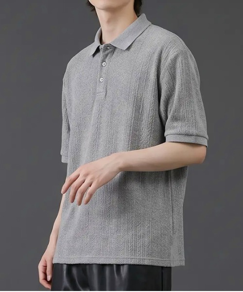 revertical(リバーティカル)の「リブジャガード 半袖ポロシャツ/ストライプ編み テクスチャーポロトップス(Tシャツ/カットソー・メンズ・グレー/ブラック・MEDIUM/LARGE)」の8枚目の写真