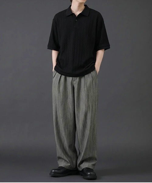 revertical(リバーティカル)の「リブジャガード 半袖ポロシャツ/ストライプ編み テクスチャーポロトップス(Tシャツ/カットソー・メンズ・グレー/ブラック・MEDIUM/LARGE)」の7枚目の写真