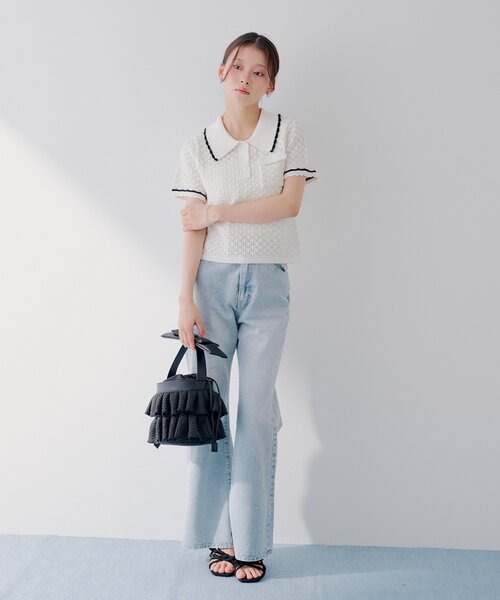 Chico(チコ)の「【SALON by Chico】クロシェポロ袖ラインサマーニット(ニット/セーター・レディース・ブルー/ブラック/アイボリー・FREE)」の6枚目の写真