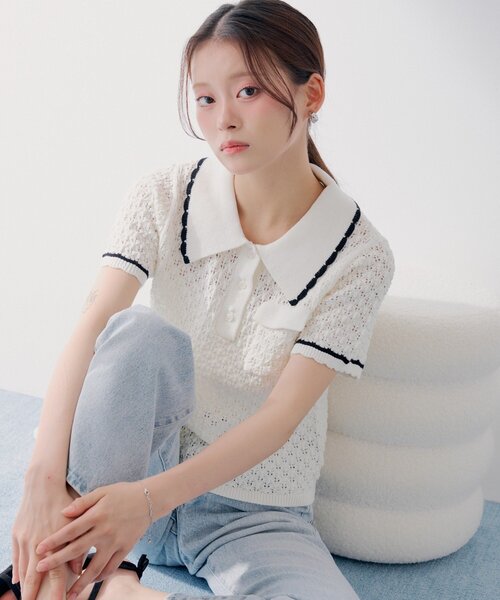 Chico(チコ)の「【SALON by Chico】クロシェポロ袖ラインサマーニット(ニット/セーター・レディース・ブルー/ブラック/アイボリー・FREE)」の9枚目の写真