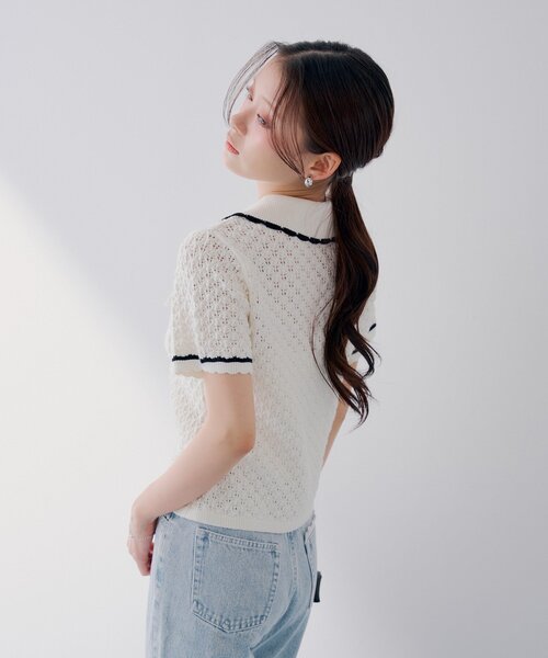Chico(チコ)の「【SALON by Chico】クロシェポロ袖ラインサマーニット(ニット/セーター・レディース・ブルー/ブラック/アイボリー・FREE)」の10枚目の写真