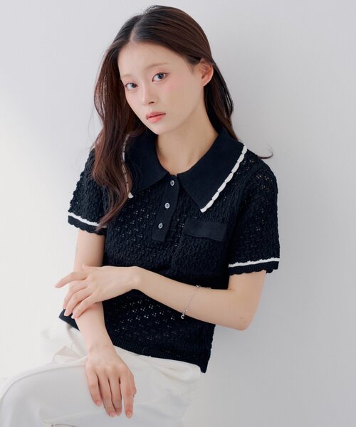 Chico(チコ)の「【SALON by Chico】クロシェポロ袖ラインサマーニット(ニット/セーター・レディース・ブルー/ブラック/アイボリー・FREE)」の13枚目の写真