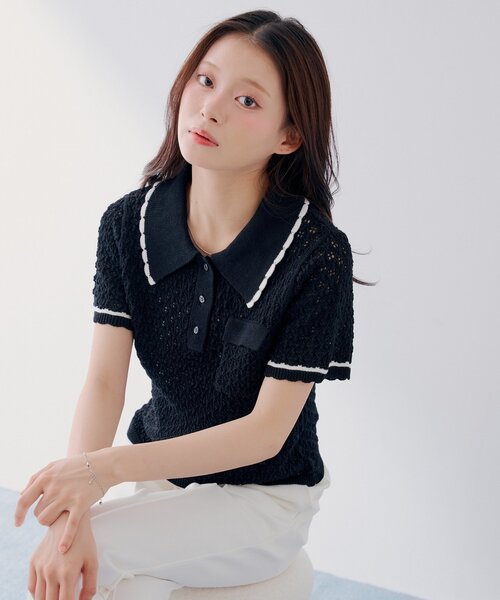 Chico(チコ)の「【SALON by Chico】クロシェポロ袖ラインサマーニット(ニット/セーター・レディース・ブルー/ブラック/アイボリー・FREE)」の15枚目の写真