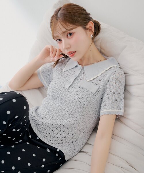 Chico(チコ)の「【SALON by Chico】クロシェポロ袖ラインサマーニット(ニット/セーター・レディース・ブルー/ブラック/アイボリー・FREE)」の17枚目の写真