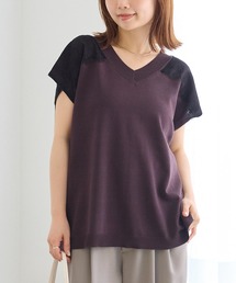 LAVEANGE | 配色レースVネックサマーニット｜大人フェミニン/上品レース配色/華奢見え/半袖ニット/体系カバー(ニット/セーター)
