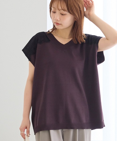 LAVEANGE（ラビアンジェ）の「配色レースVネックサマーニット｜大人フェミニン/上品レース配色/華奢見え/半袖ニット/体系カバー（ニット/セーター・レディース・ブラウン/チャコールグレー・F/3L/4L）」の17枚目の写真