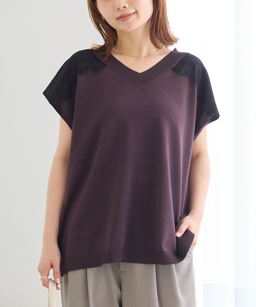 LAVEANGE（ラビアンジェ）の「配色レースVネックサマーニット｜大人フェミニン/上品レース配色/華奢見え/半袖ニット/体系カバー（ニット/セーター・レディース・ブラウン/チャコールグレー・F/3L/4L）」の18枚目の写真