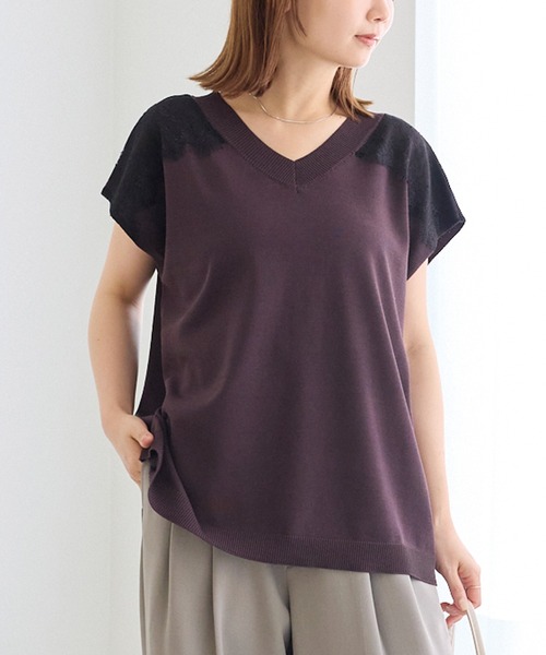 LAVEANGE（ラビアンジェ）の「配色レースVネックサマーニット｜大人フェミニン/上品レース配色/華奢見え/半袖ニット/体系カバー（ニット/セーター・レディース・ブラウン/チャコールグレー・F/3L/4L）」の19枚目の写真