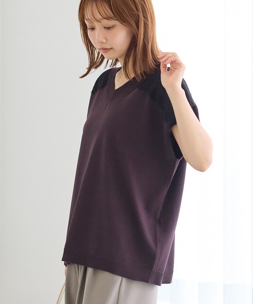 LAVEANGE（ラビアンジェ）の「配色レースVネックサマーニット｜大人フェミニン/上品レース配色/華奢見え/半袖ニット/体系カバー（ニット/セーター・レディース・ブラウン/チャコールグレー・F/3L/4L）」の20枚目の写真