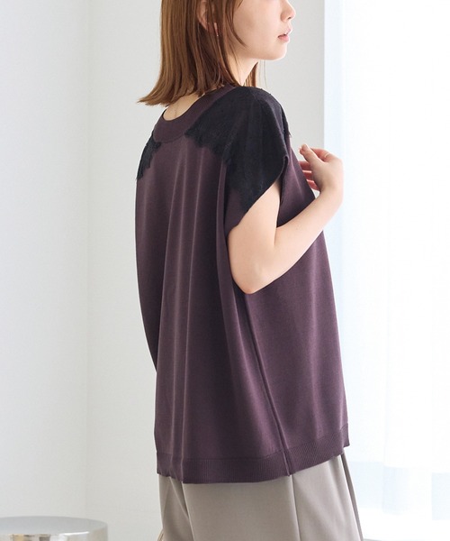 LAVEANGE（ラビアンジェ）の「配色レースVネックサマーニット｜大人フェミニン/上品レース配色/華奢見え/半袖ニット/体系カバー（ニット/セーター・レディース・ブラウン/チャコールグレー・F/3L/4L）」の21枚目の写真