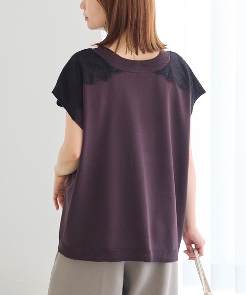 LAVEANGE（ラビアンジェ）の「配色レースVネックサマーニット｜大人フェミニン/上品レース配色/華奢見え/半袖ニット/体系カバー（ニット/セーター・レディース・ブラウン/チャコールグレー・F/3L/4L）」の22枚目の写真