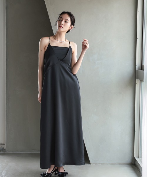 Callarus（カラルス）の「サテンワンピースセットアップ（ベアトップ＋キャミワンピース）［Callarus］（ワンピース・レディース・グレー/ブラック・M/S/LL/L）」の16枚目の写真