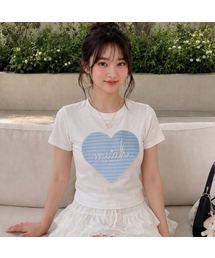 muahmuah（ムーアムーア）の「ビッグハートチェックパッチ半袖Tシャツ[2カラー]（Tシャツ/カットソー・レディース）」