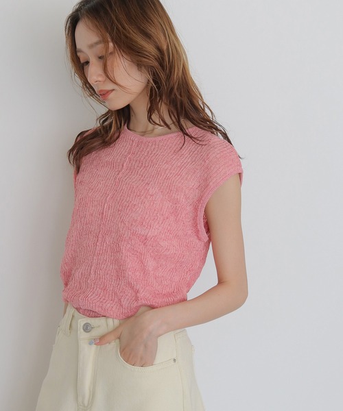 CLEIO(クレイオ)の「【CLEIO】リンクルシアーニットトップス WRINKLE SHEER KNIT TOPS(Tシャツ/カットソー・レディース・アイボリー/チャコールグレー/ベージュ/レッド/ライトグリーン・FREE)」の1枚目の写真