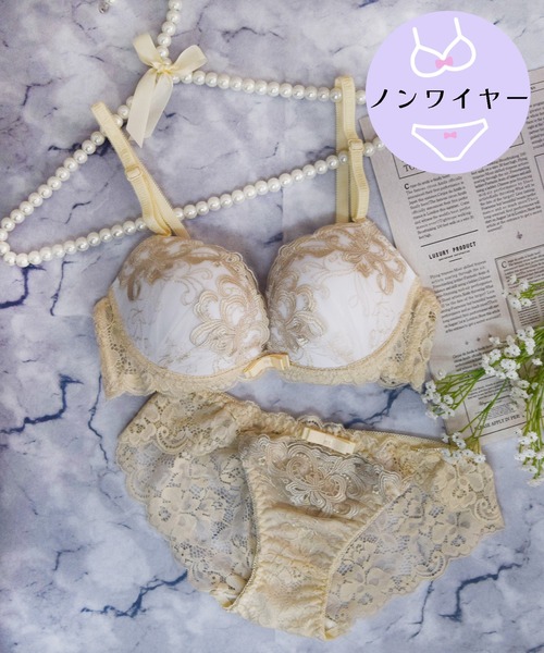 【ノンワイヤー/ラクして整う！ストレスフリーで上品なフィット感♪】上下セット/M-LL/ガーリーアンティークレース
