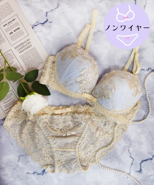 【ノンワイヤー/ラクして整う！ストレスフリーで上品なフィット感♪】上下セット/M-LL/ガーリーアンティークレース