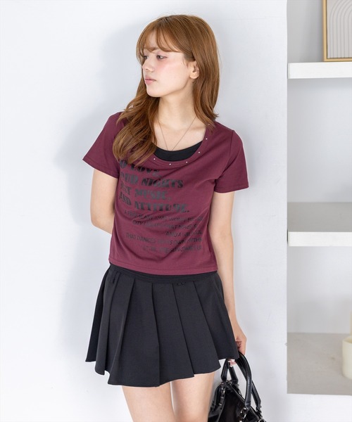 clear（クリア）の「接触冷感レイヤード風ロゴTシャツ［骨格ウェーブ／カジュアル／ストリート］（Tシャツ/カットソー・レディース・ボルドー/ブラック/オフホワイト・F）」の3枚目の写真