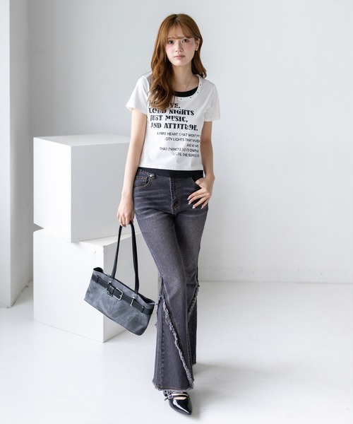 clear（クリア）の「接触冷感レイヤード風ロゴTシャツ［骨格ウェーブ／カジュアル／ストリート］（Tシャツ/カットソー・レディース・ボルドー/ブラック/オフホワイト・F）」の19枚目の写真
