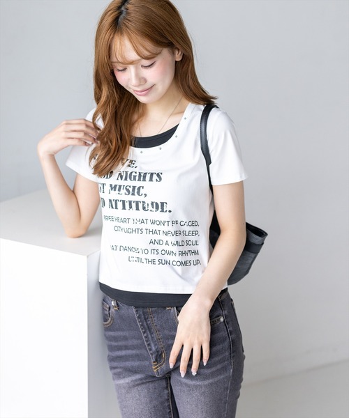 clear（クリア）の「接触冷感レイヤード風ロゴTシャツ［骨格ウェーブ／カジュアル／ストリート］（Tシャツ/カットソー・レディース・ボルドー/ブラック/オフホワイト・F）」の18枚目の写真