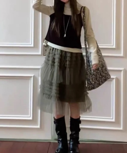 SHERU(シェル)の「【2 色展開】ウエスト紐付き段々レイヤードチュールミディスカート シフォン重ねティアードスカート レディース甘クールカジュアル(スカート・レディース・アイボリー/カーキ・MEDIUM)」の17枚目の写真