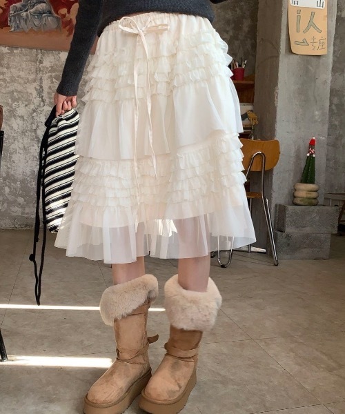 SHERU(シェル)の「【2 色展開】ウエスト紐付き段々レイヤードチュールミディスカート シフォン重ねティアードスカート レディース甘クールカジュアル(スカート・レディース・アイボリー/カーキ・MEDIUM)」の12枚目の写真