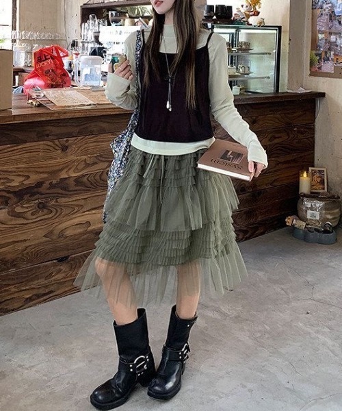 SHERU(シェル)の「【2 色展開】ウエスト紐付き段々レイヤードチュールミディスカート シフォン重ねティアードスカート レディース甘クールカジュアル(スカート・レディース・アイボリー/カーキ・MEDIUM)」の18枚目の写真