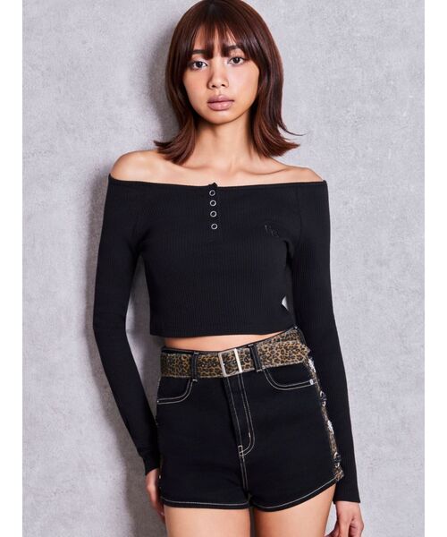 GYDA(ジェイダ)の「GGヘンリーオフショルテレコショートトップス(Tシャツ/カットソー・レディース・グレー/チャコールグレー/ブラック・FREE)」の8枚目の写真