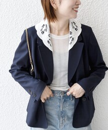 〈手洗い可能〉ウールライク レース カラー ジャケット［NAVY BLUE］